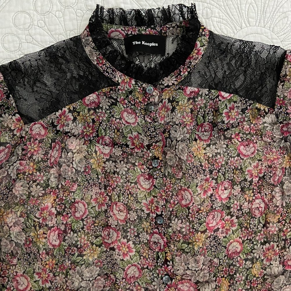 KOOPLES Sheer Floral Blouse Silk Chiffon Lace Trim WOW gorgeous - Picture 7 of 14
